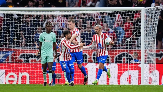 
 Para pemain Atletico Madrid merayakan kemenangan dramatis 3-2 atas Athletic Bilbao di Stadion Wanda Metropolitano. (Foto: RSS)