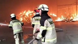 Petugas pemadam kebakaran berupaya mendinginkan sisa-sisa bangunan gudang makanan kucing di Tangerang yang ludes terbakar dengan kerugian mencapai Rp 10 miliar. (Foto: RSS)