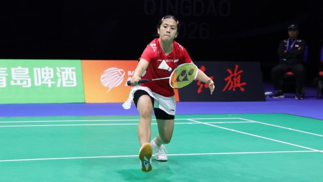 
 Ni Kadek Dhinda Amartya Pratiwi saat merayakan poin kemenangan bersejarah 30-29 atas Taiwan di babak grup Uber Cup 2026. (Foto: RSS)