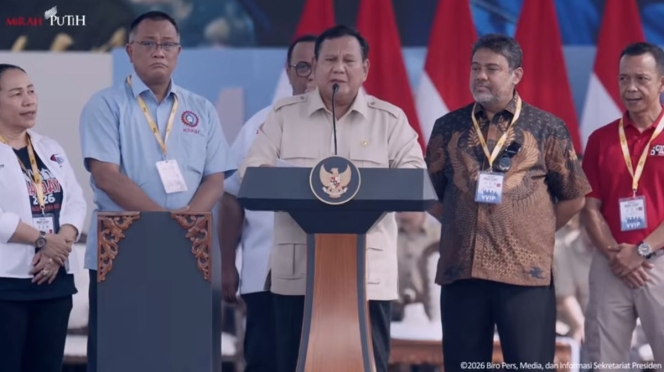 
 Presiden Prabowo Subianto saat memberikan keterangan mengenai program perumahan rakyat bertepatan dengan momentum Hari Buruh. (Foto: RSS)