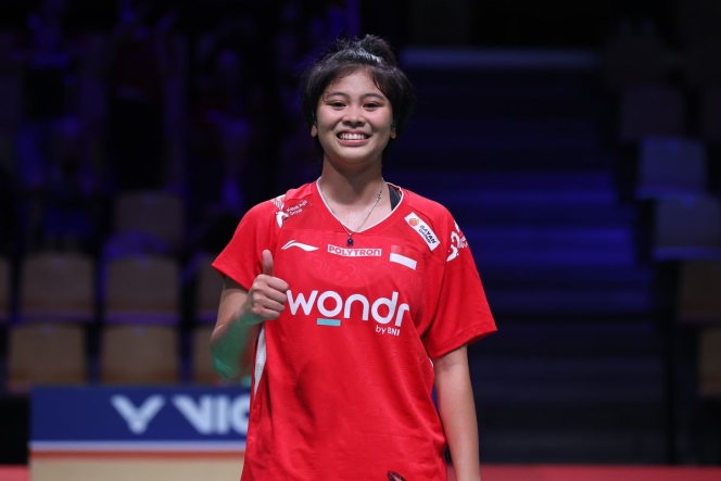 
 Aksi Thalita Ramadhani saat berjuang di partai ketiga semifinal Uber Cup 2026. (Foto: RSS)