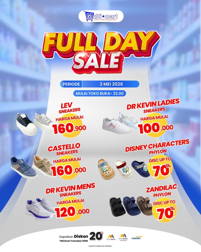 
 Deretan sneakers merek ternama yang dibanderol mulai Rp 100 ribuan pada ajang Transmart Full Day Sale. (Foto: RSS)